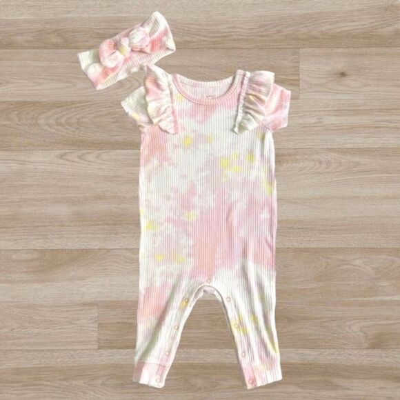 Baby Cat and Jack Girl's Tie Dye Romper‎ with Matching Bow 3-6 months - Picture 1 of 7